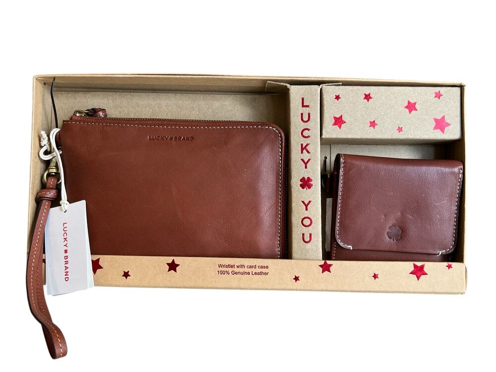 Lucky Brand Rali Box Leather Wristlet & Card Case Gift Set Whiskey Brown